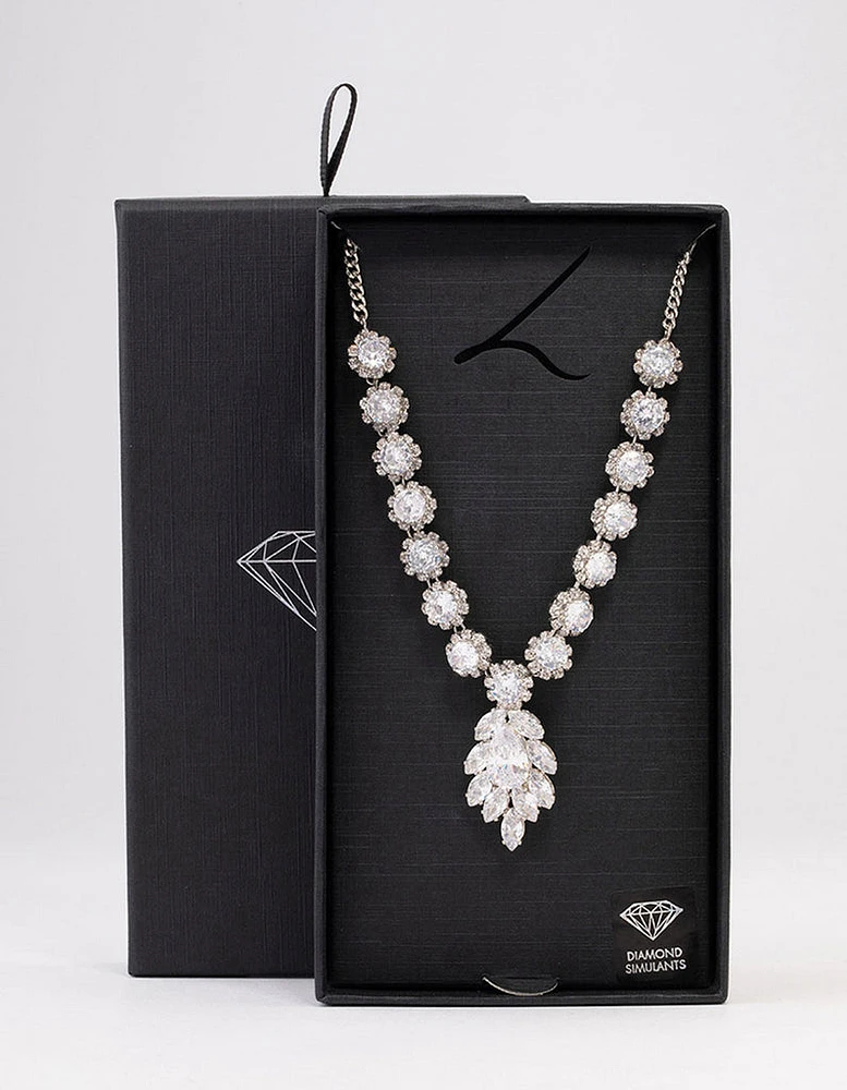 Rhodium Floral Statement Cubic Zirconia Necklace