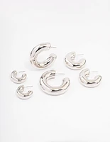 Rhodium Thick Smooth Hoop Earrings 3-Pack