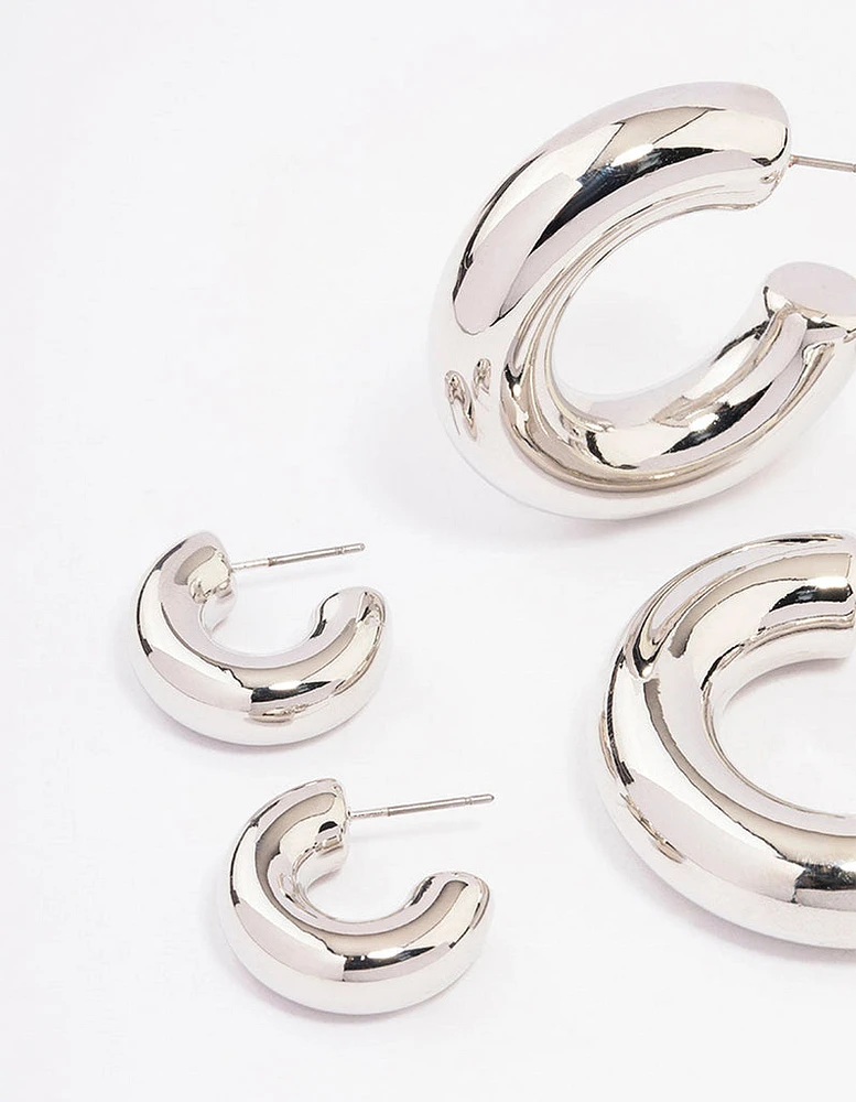 Rhodium Thick Smooth Hoop Earrings 3-Pack