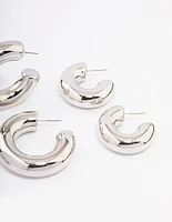 Rhodium Thick Smooth Hoop Earrings 3-Pack