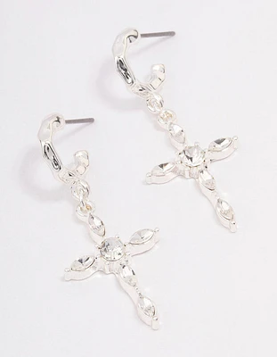 Silver Diamante Cross Huggie Earrings