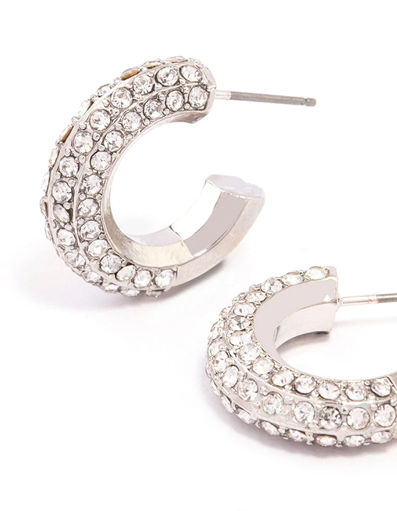 Silver Diamante Small Chubby Huggie Earrings