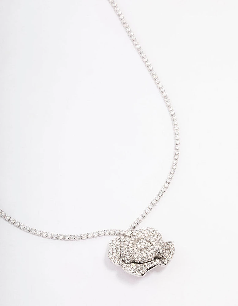 Rhodium Rose Diamante Pendant Necklace