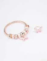 Kids Rose Gold Stretch Glitter Butterfly Bracelet & Ring Set