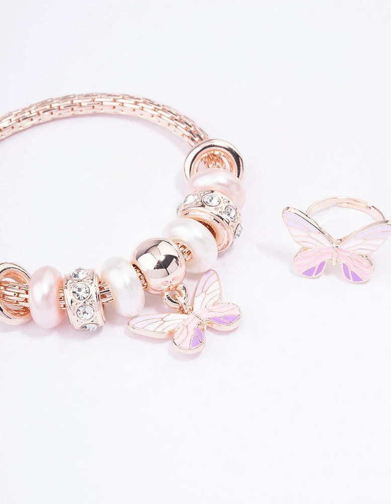 Kids Rose Gold Stretch Glitter Butterfly Bracelet & Ring Set