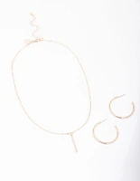 Gold Slim Stick Necklace & Earrings Jewellery Set