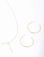 Gold Slim Stick Necklace & Earrings Jewellery Set