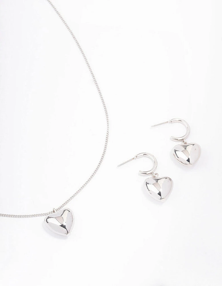 Rhodium Bold Heart Necklace & Earrings Jewellery Set