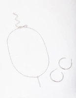 Rhodium Slim Stick Necklace & Earrings Jewellery Set