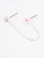 Pink Flower Diamante Stud Chain Earrings