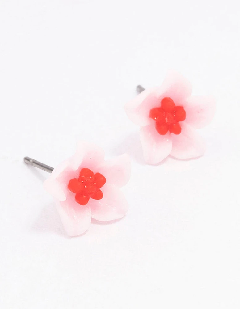 Pink Hibiscus Flower Stud Earrings