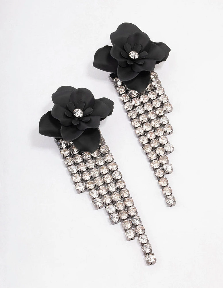 Black Flower Diamante Cupchain Drop Earrings