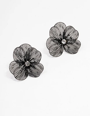 Black Diamante Flower Stud Earrings