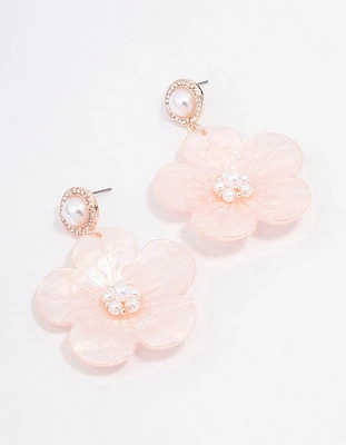 Rose Gold Acrylic Flower Pearl Drop Earrings