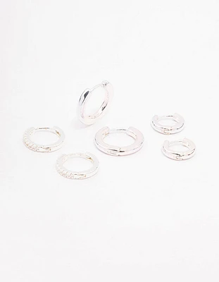 Rhodium Cubic Zirconia Minimal Huggie Hoop Earrings 3-Pack