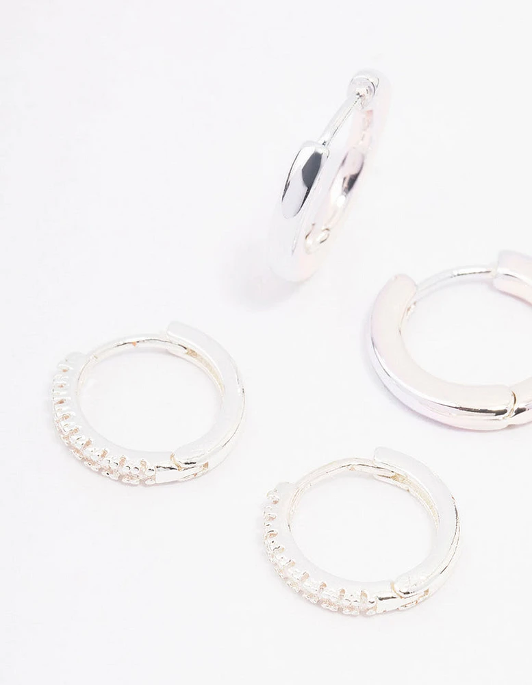 Rhodium Cubic Zirconia Minimal Huggie Hoop Earrings 3-Pack