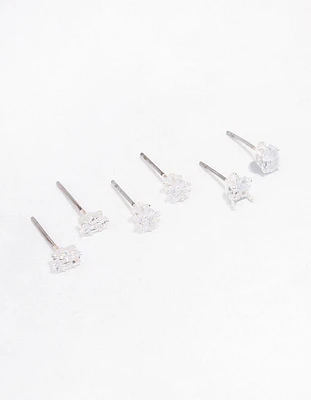 Silver Cubic Zirconia Mixed Shape Stud Earrings 3-Pack