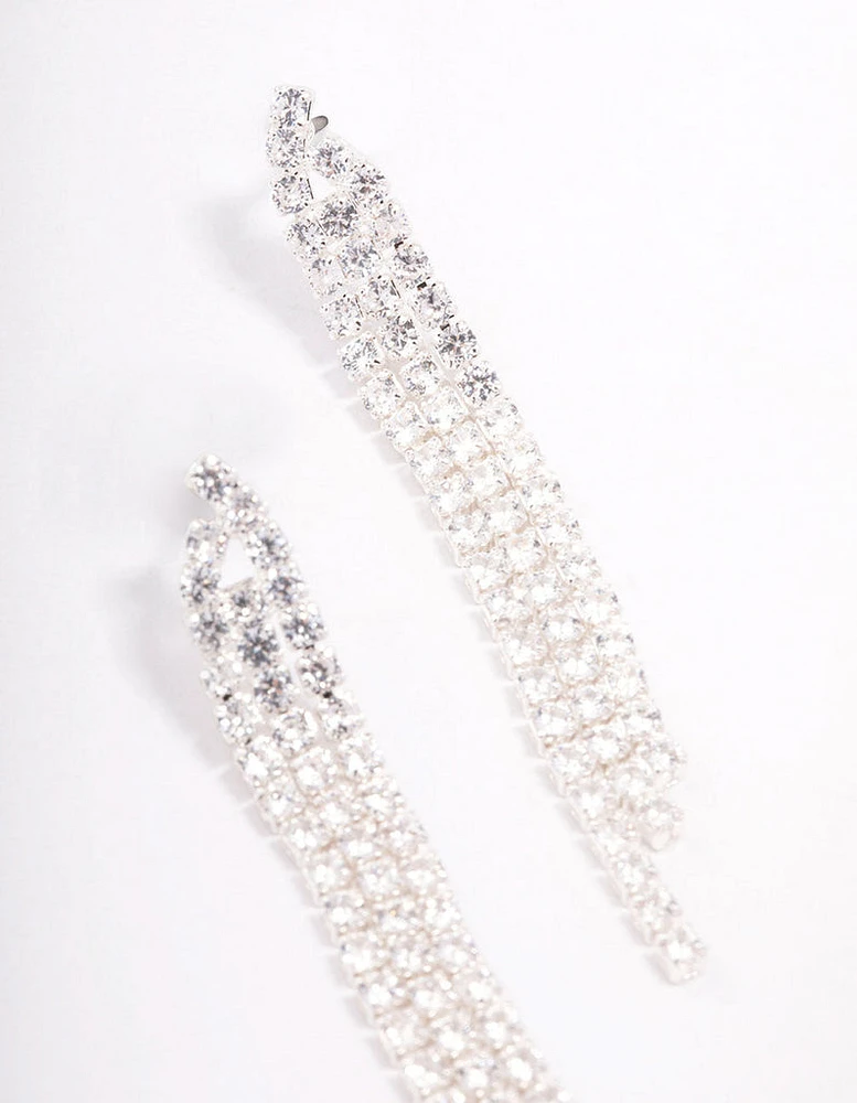 Silver Plated Triangular Cubic Zirconia Cupchain Drop Earrings