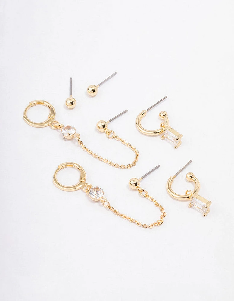 Gold Plated Baguette Hoop Chain Earring 4-Pack