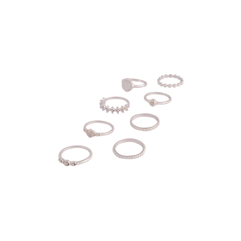 Silver Glamorous Diamante Ring 8-Pack