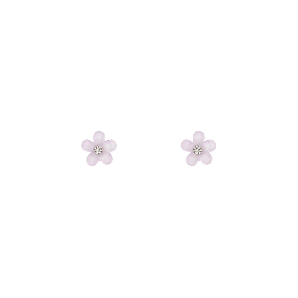 Purple Flower Stud Earrings Diamante Centre