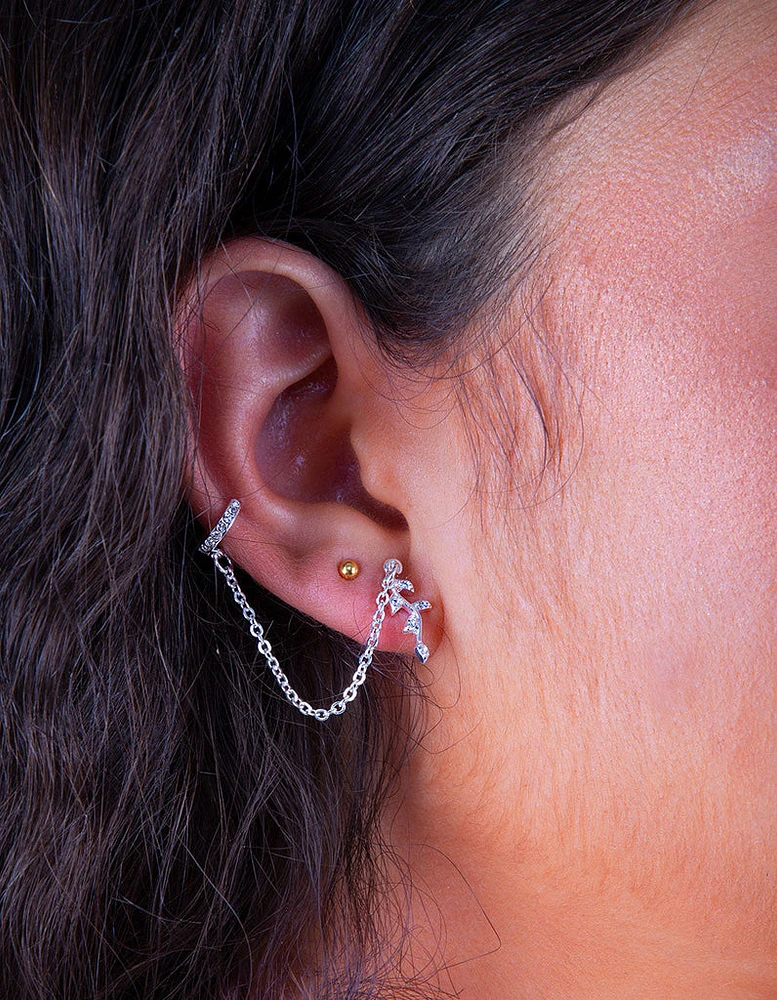 Silver Flower Chain Cuff Earrings