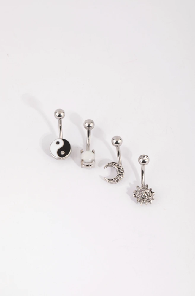 Rhodium Surgical Steel Yin & Yang Belly Bar 4-Pack