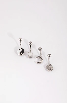 Rhodium Surgical Steel Yin & Yang Belly Bar 4-Pack