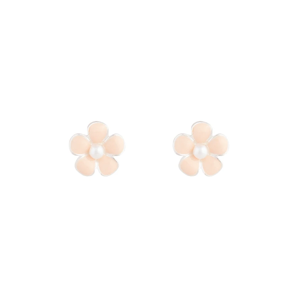 Rhodium Pink Daisy Stud Earrings