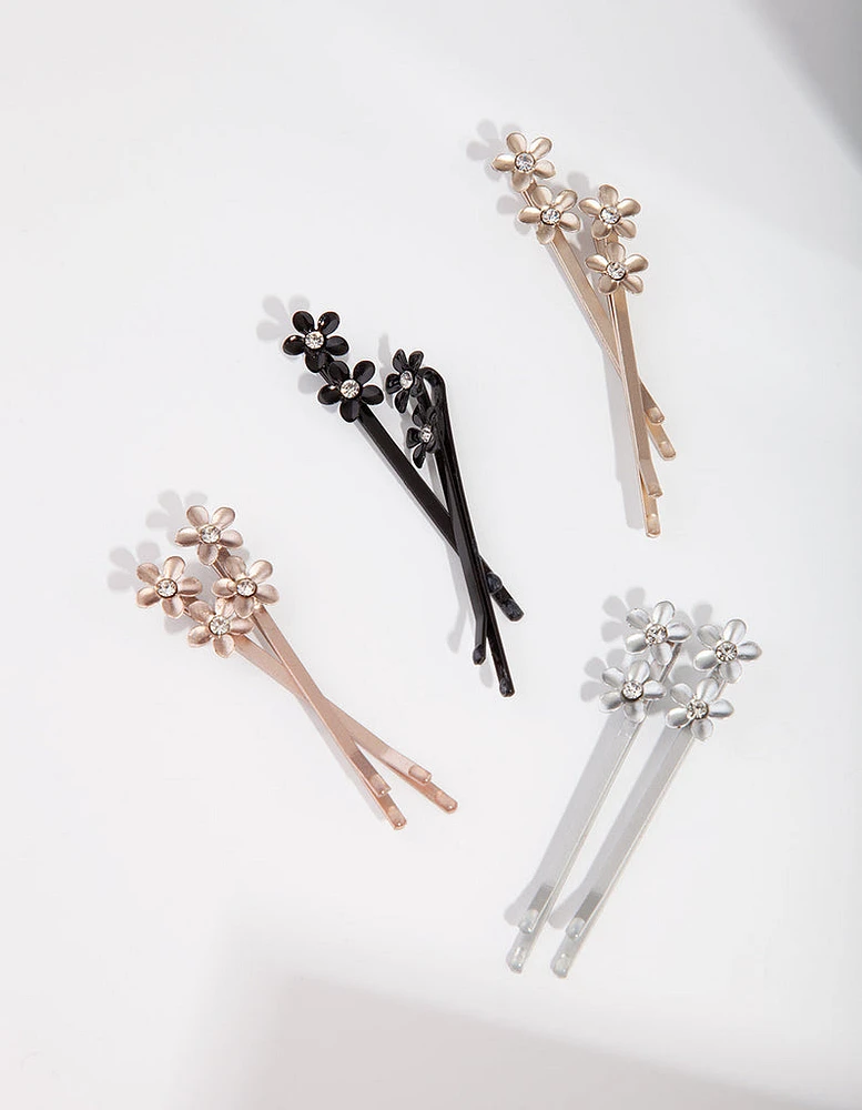 Mixed Metal Diamante Flower Pin 4-Pack