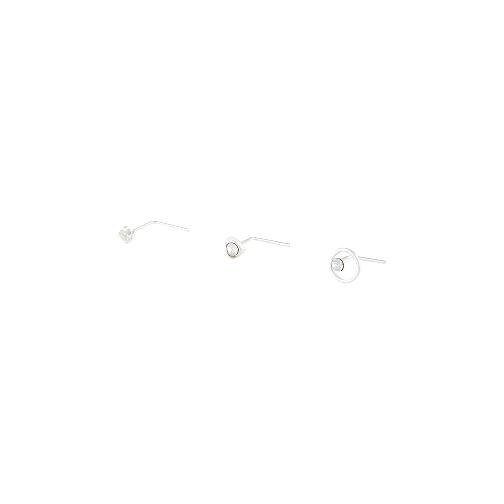 Sterling Silver Geometric Diamante Nose Stud Pack