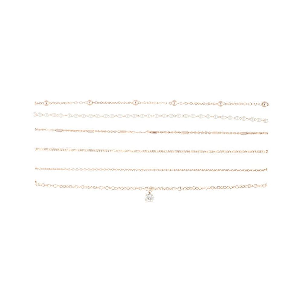 Rose Gold Diamante Pearl Station Choker 6-Pack