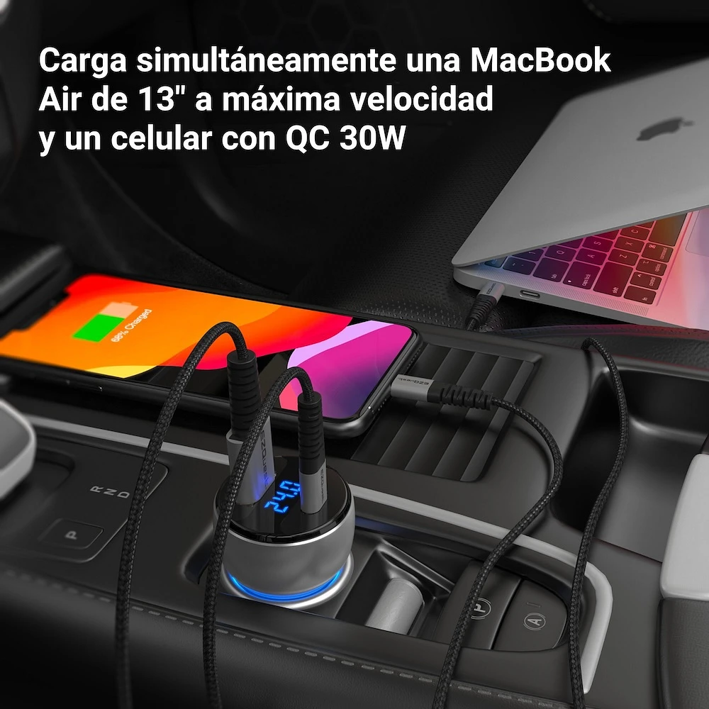 Cargador De Auto EZQuest P20066 Dual USB-A USB-C 66W Plata