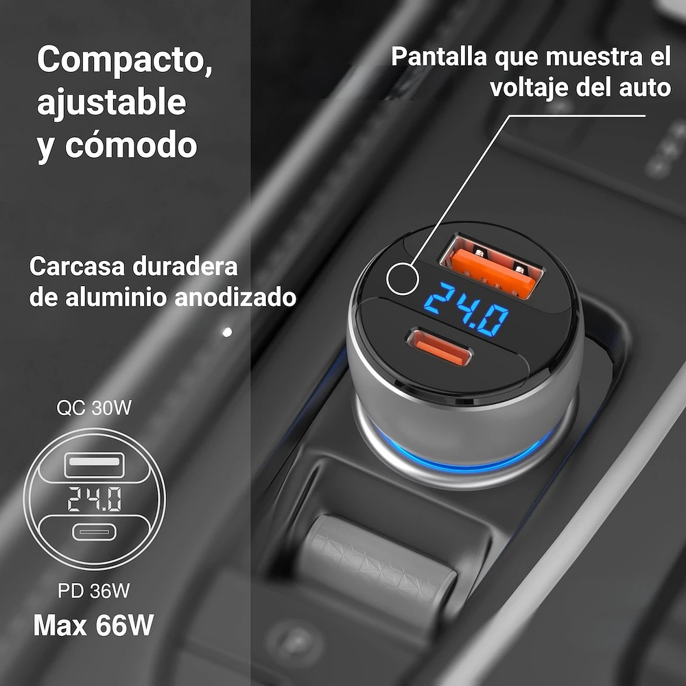 Cargador De Auto EZQuest P20066 Dual USB-A USB-C 66W Plata