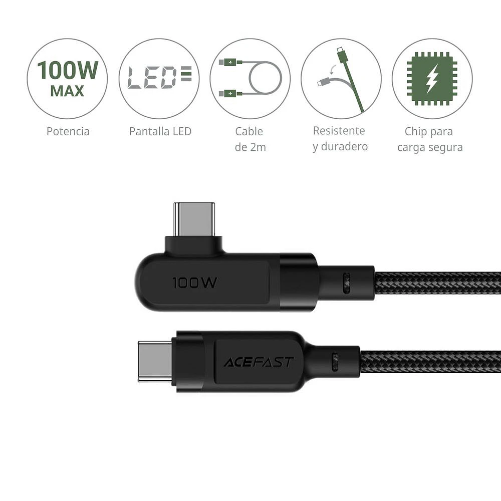 Cable Acefast 6974316281016 USB-C a USB-C Angulo Recto 100W 2 m Negro