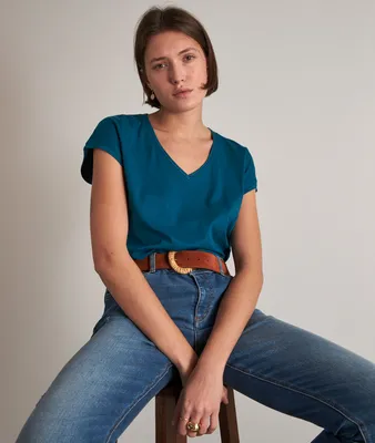 T-shirt en coton bio brodé bleu canard Myrtille
