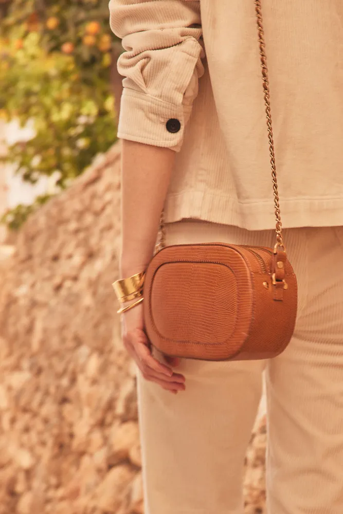 Sac à bandoulière en cuir effet python camel Fever
