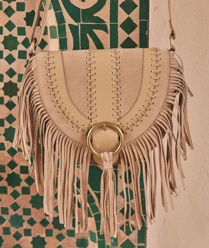Sac besace en cuir frangé beige Leotie
