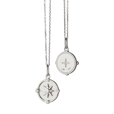 Modern Charm Mini Adventure Compass Silver and White Sapphire Pendant