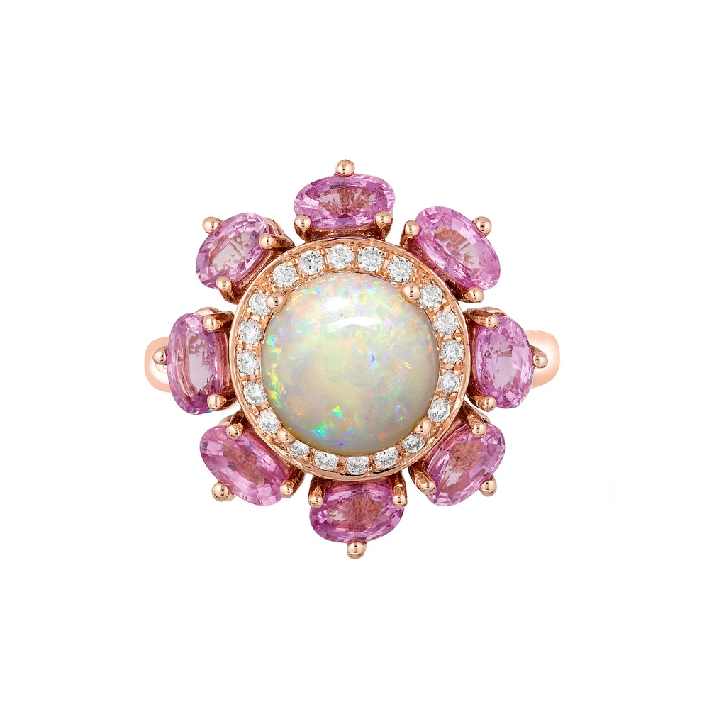 Pink Sapphire and Opal Flower Ring with Diamond Accents