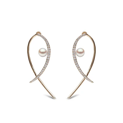 Sleek Gold Pearl and Diamond Earrings