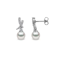 Sleek White Gold, Pearl and Diamond Pavé Cross Stud Earrings