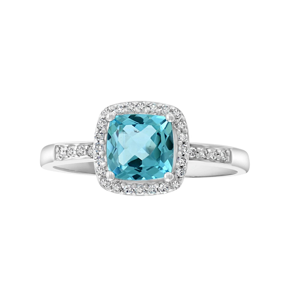 White Gold Cushion Cut swiss blue topaz and Diamond Ring