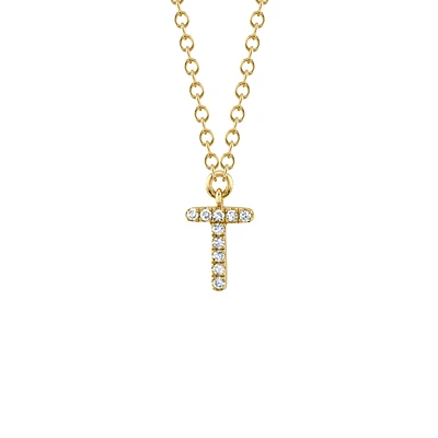 Initials Gold and Diamond Pavé Letter T Necklace