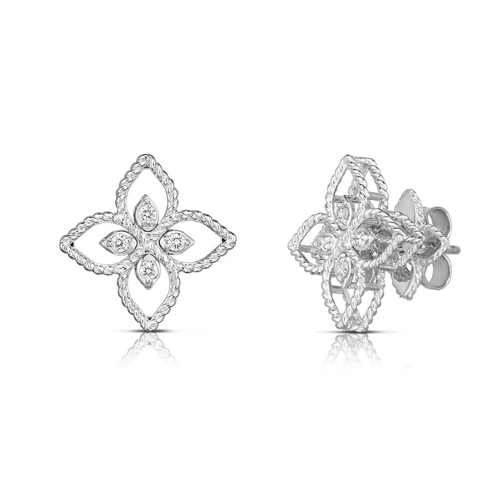 Princess Flower Filigree White Gold and Diamond Stud Earrings