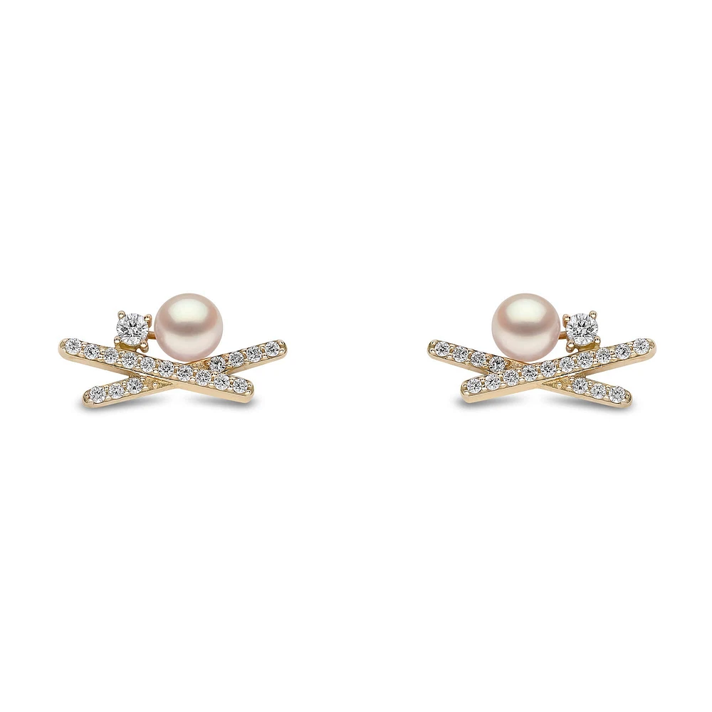 Sleek Yellow Gold Pearl and Diamond Earrings