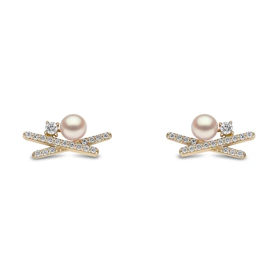 Sleek Yellow Gold Pearl and Diamond Earrings