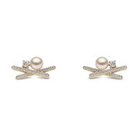 Sleek Yellow Gold Pearl and Diamond Earrings