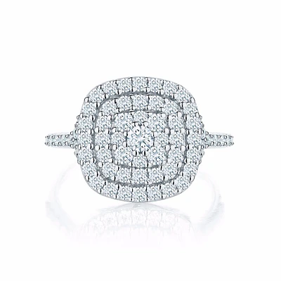 Cushion Shaped Diamond Cluster Ring with Double Halo