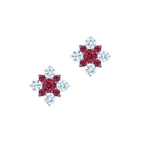 Cluster Diamond Stud Earrings with Rubies